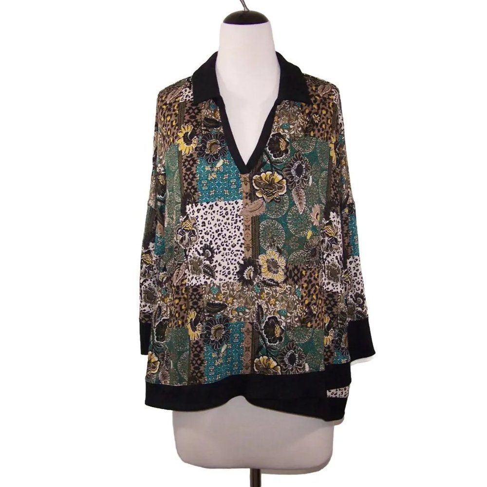 Live Well Shirt Top XL Soft Comfy Split V Neck Drop Shoulder Floral Animal